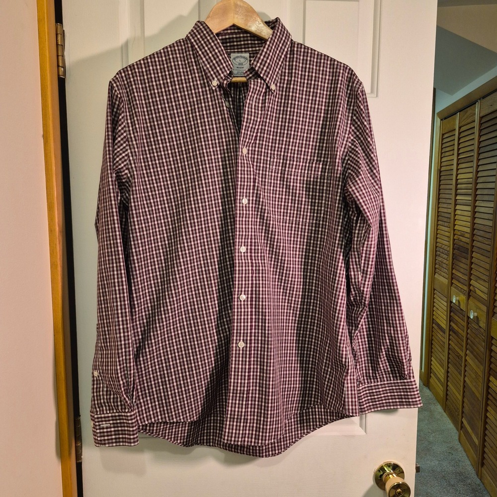Brooks Brothers 1818 Regent Shirt Mens Large Burgundy Gingham Non-Iron‎ Cotton